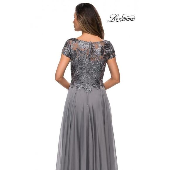 LA FEMME NEW $378 Lace Bodice Floor Length Evening Gown in Platinum Size 18 - Picture 4 of 4